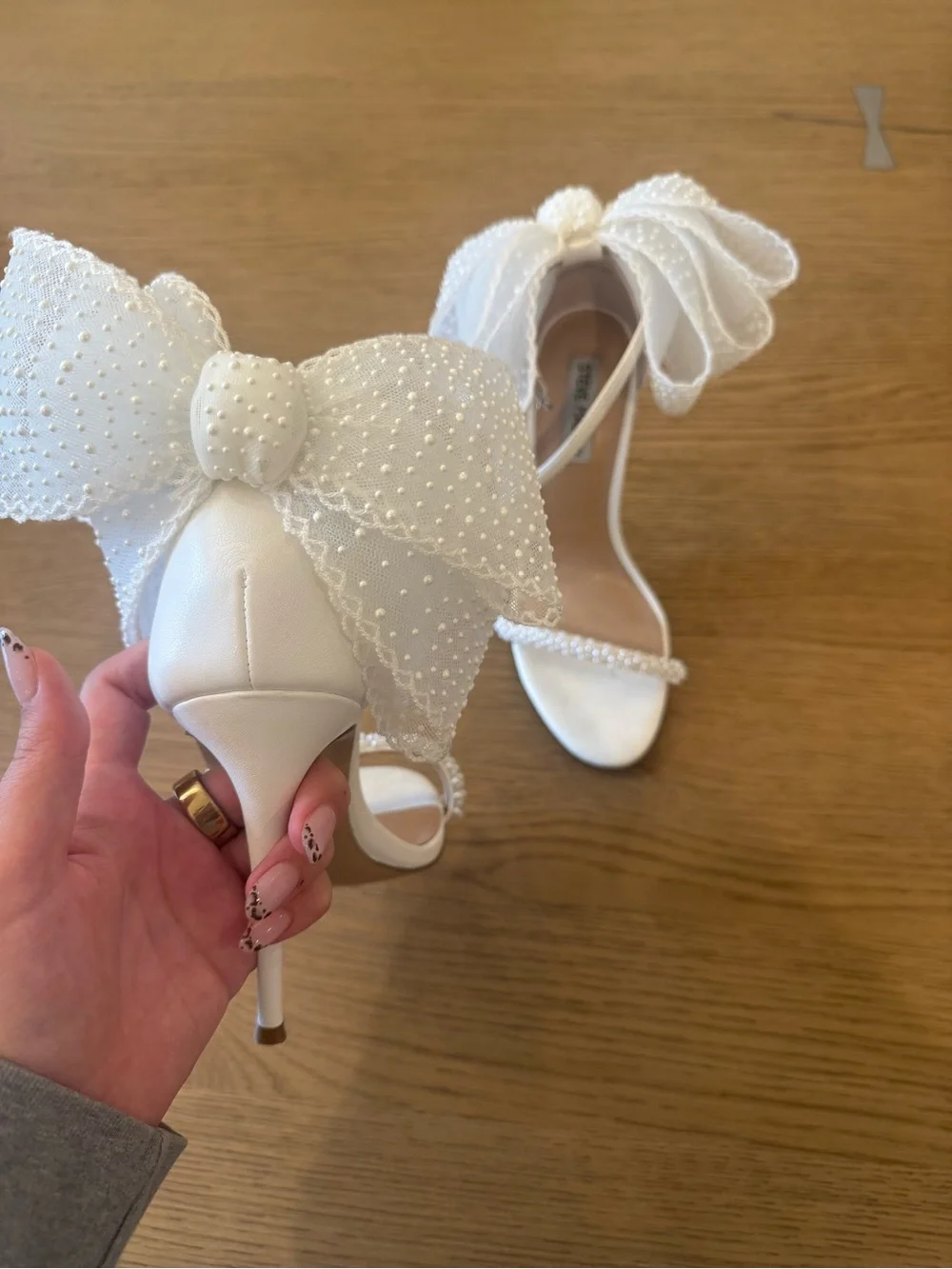 Steve Madden White Beaded Bow Ankle Strap Heels